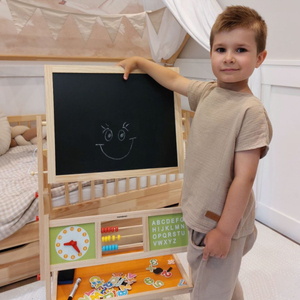 Nagy oktatási kétoldalas tábla: mágneses és krétatábla - száraz radír tábla, fa