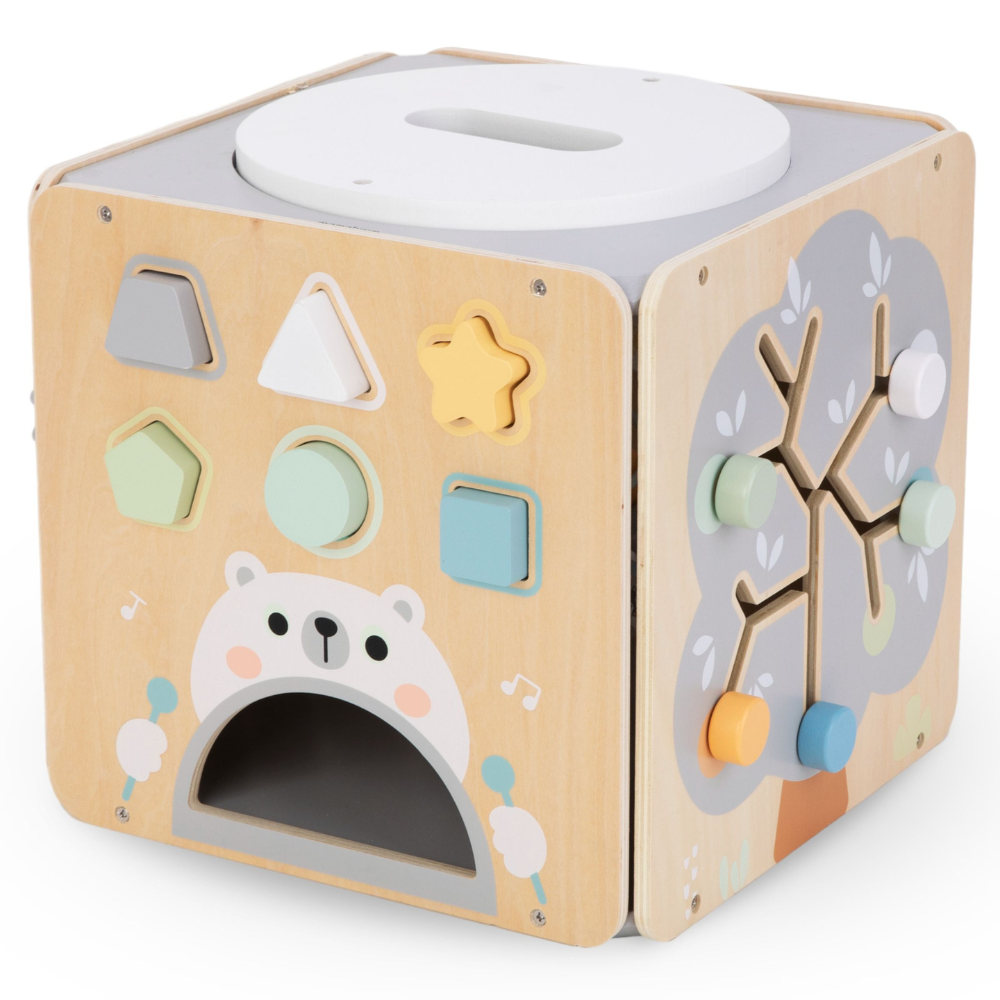 Nagy fából készült aktivitási kocka hurokkal - Montessori