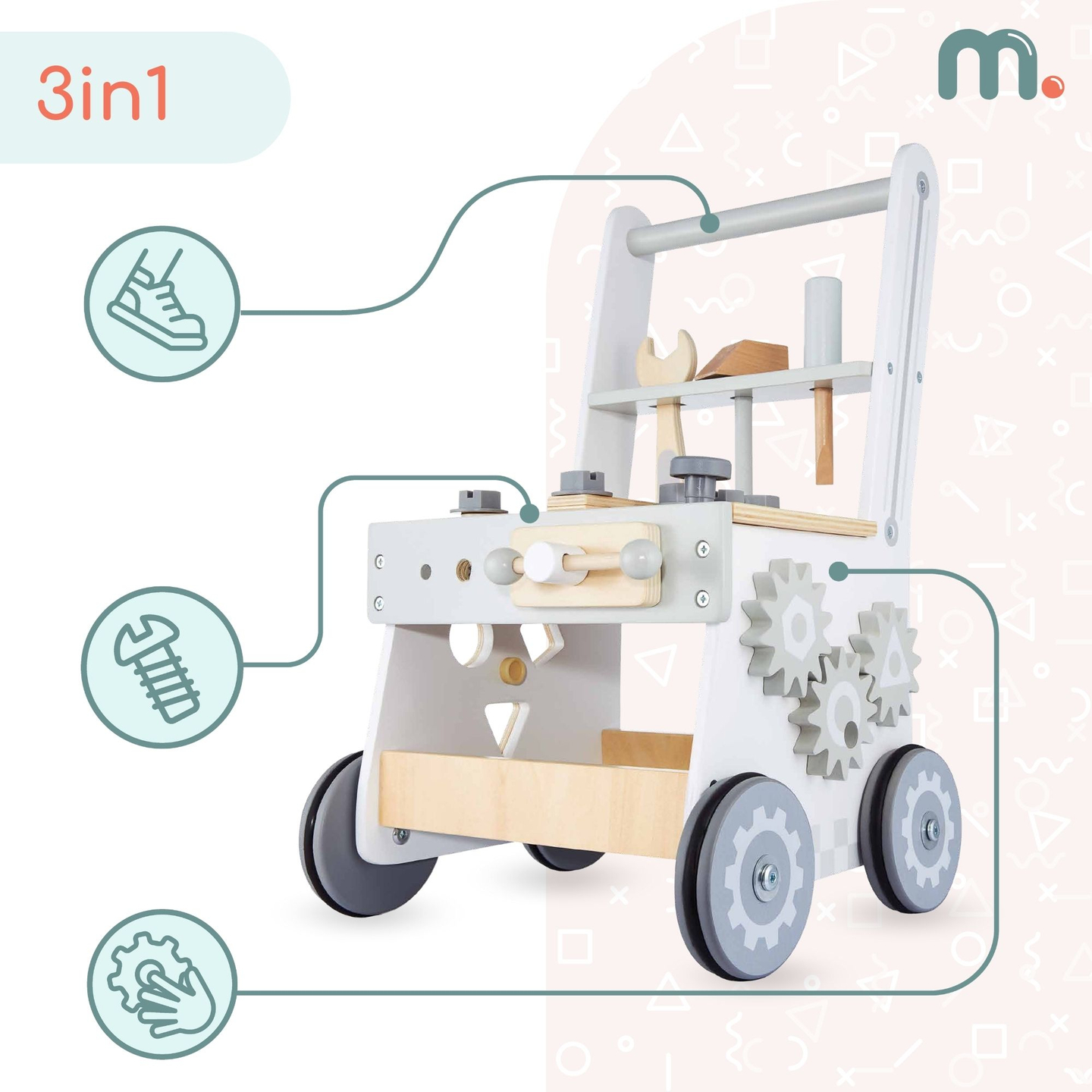 3 az 1-ben fa járókeret, tolókocsi + műhely - 47 elem