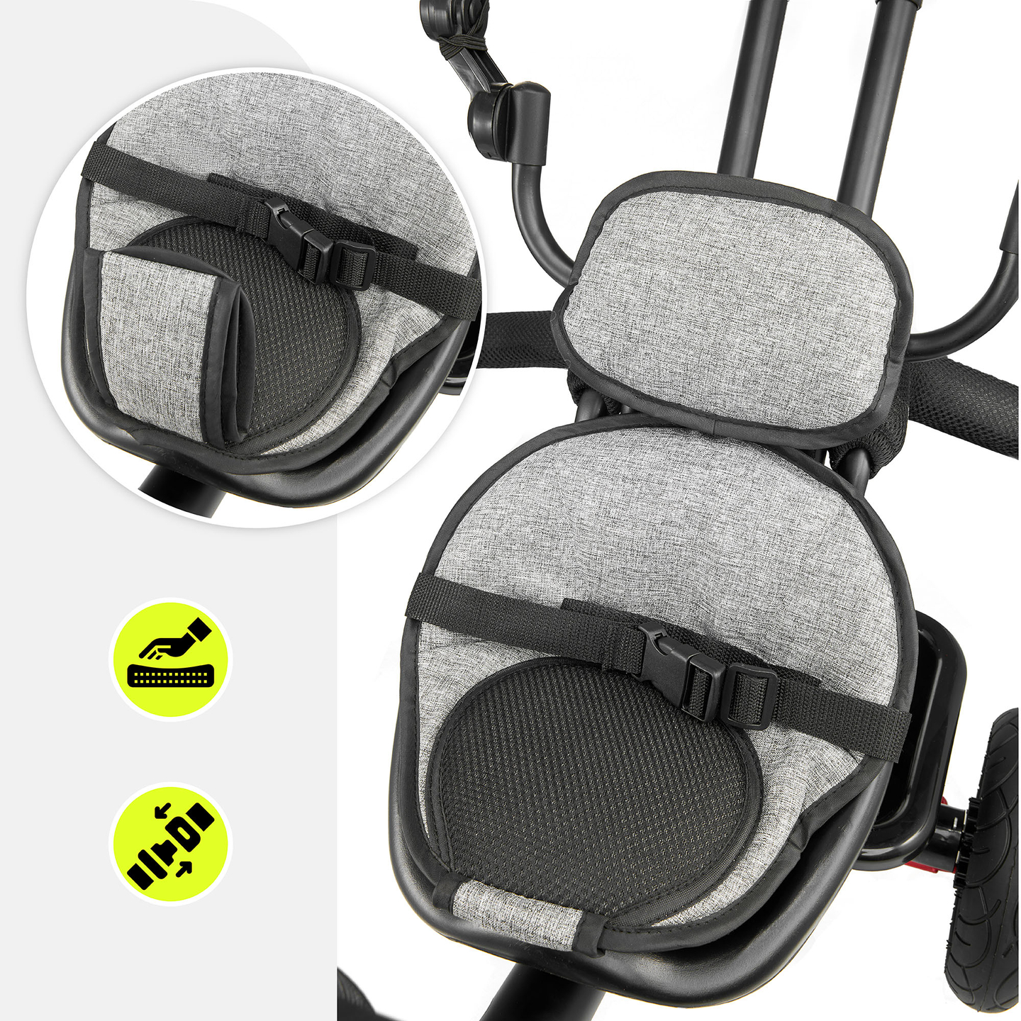 Háromkerekű gyerekeknek 1-4 éves korig - TOBI FREY - szürke színű - forgatható - pumpás kerekek + tolóerő