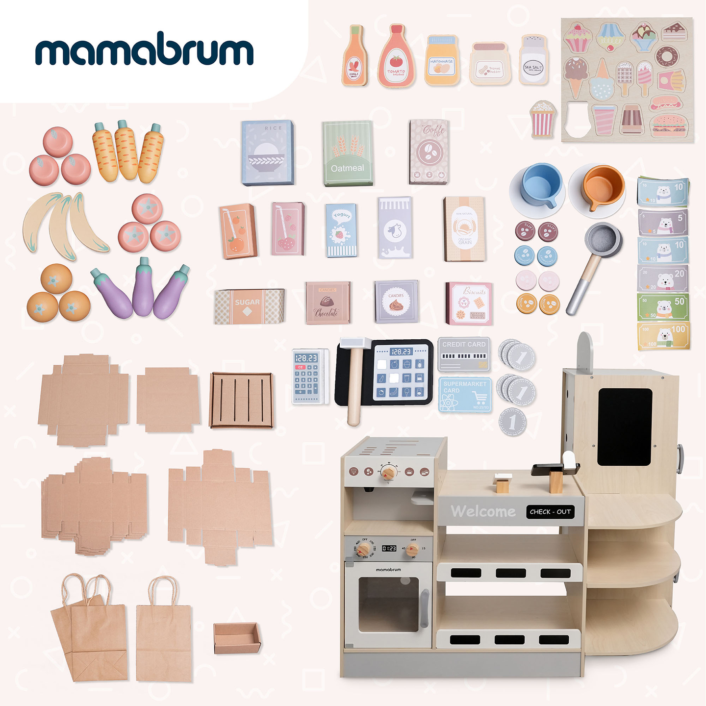 Nagy, fából készült XXXL gyermekbolt gyorsétteremmel - Sarki bolt + kávéfőző + sütő + hűtőszekrény - 106 ac.