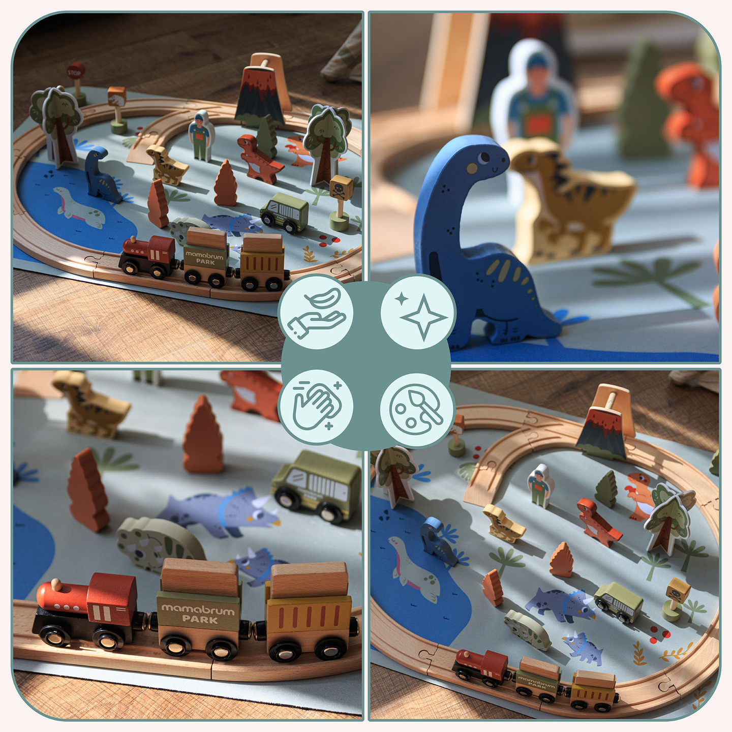 Dino Park fa vonat csúszásgátló szőnyeggel - dinoszauruszok, vonat, sínek, vulkán, harang