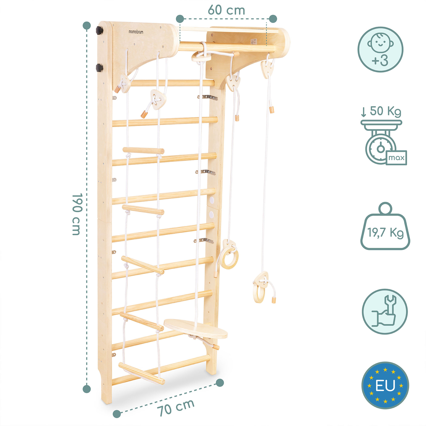 Fából készült tornalétra gyerekeknek kiegészítőkkel - tányérhinta, tornakarikák és kötéllétra