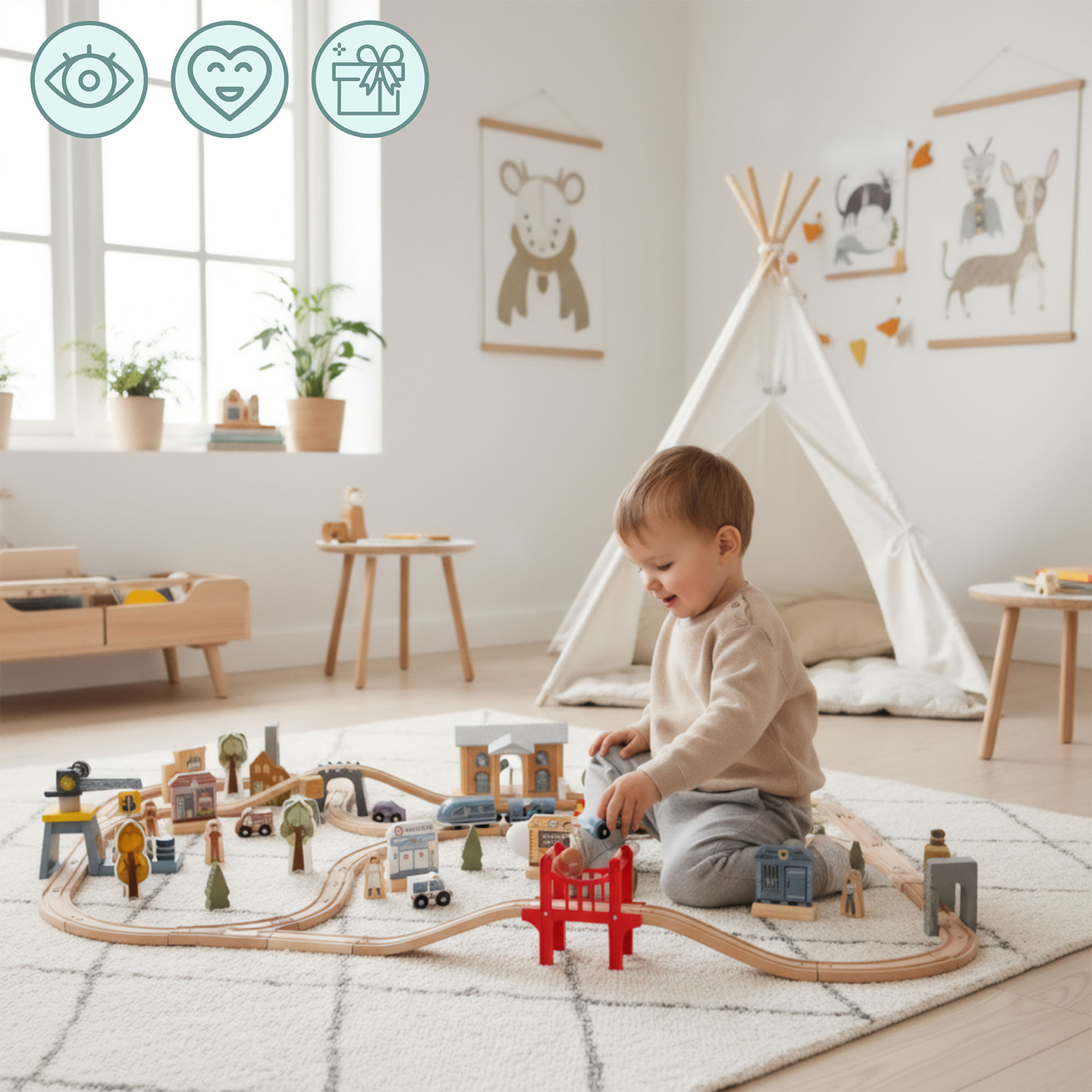 Fából készült városi vasút elektromos vonattal - mozgó daru, hajó, hidak