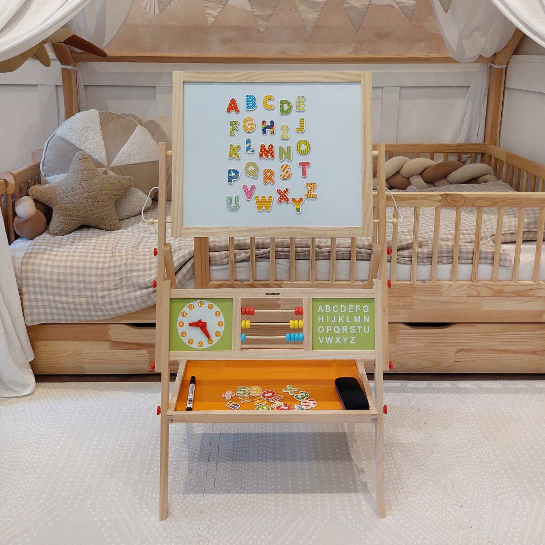 Nagy oktatási kétoldalas tábla: mágneses és krétatábla - száraz radír tábla, fa