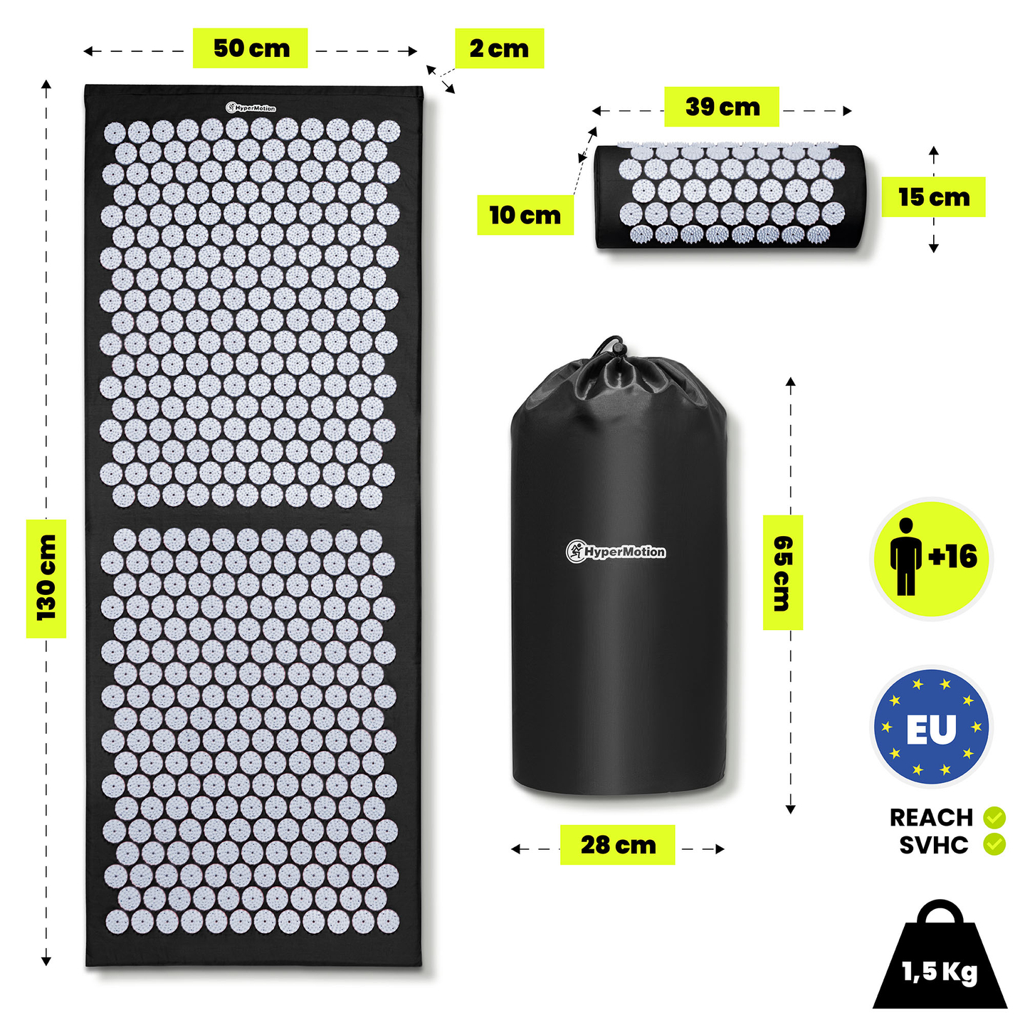 Nagy akupresszúrás szőnyeg párnával és huzattal - 130 cm HyperMotion fekete-fehér