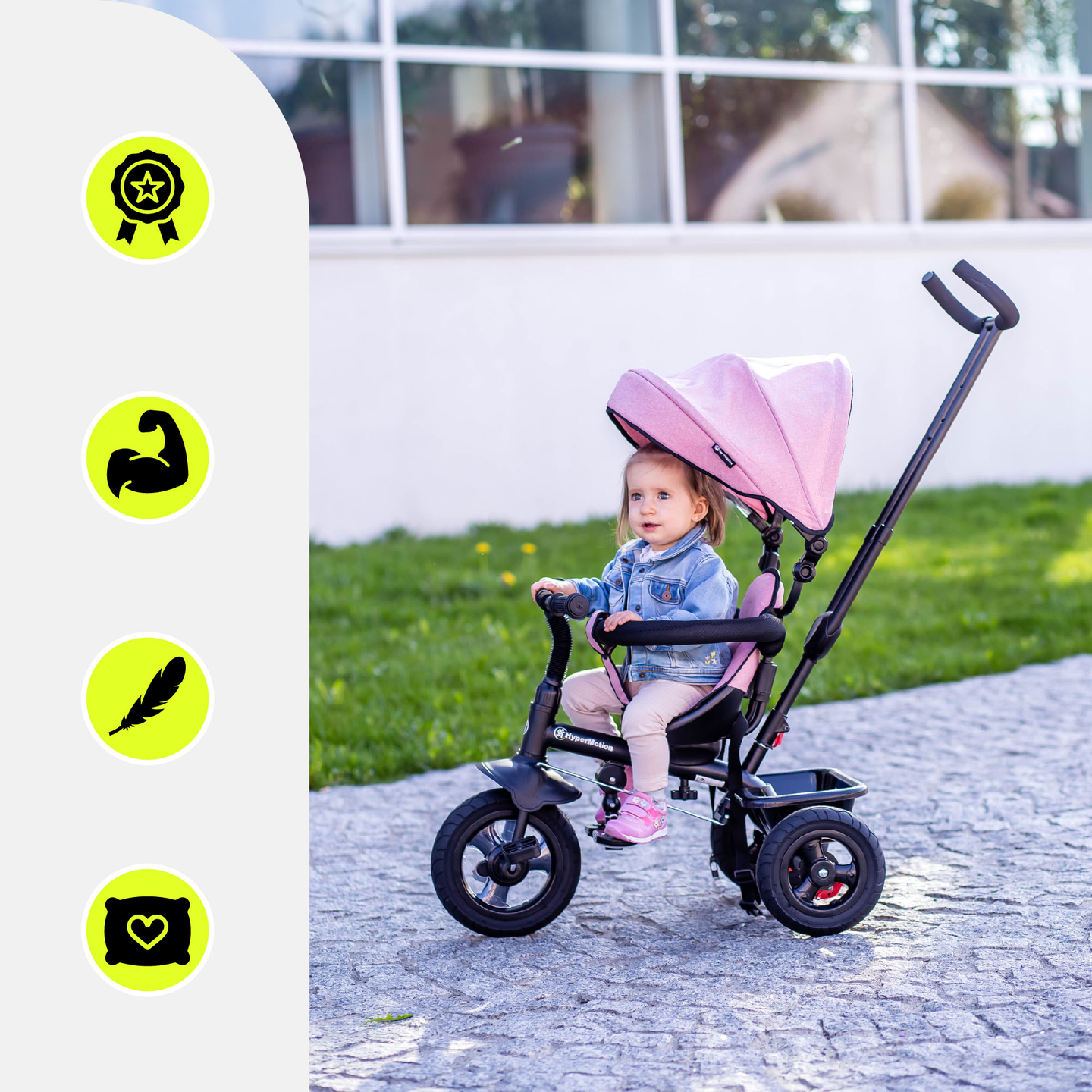 Háromkerekű gyerekeknek 1-4 éves korig - TOBI FREY - rózsaszín szín - forgatható - pumpás kerekek + tolóerő