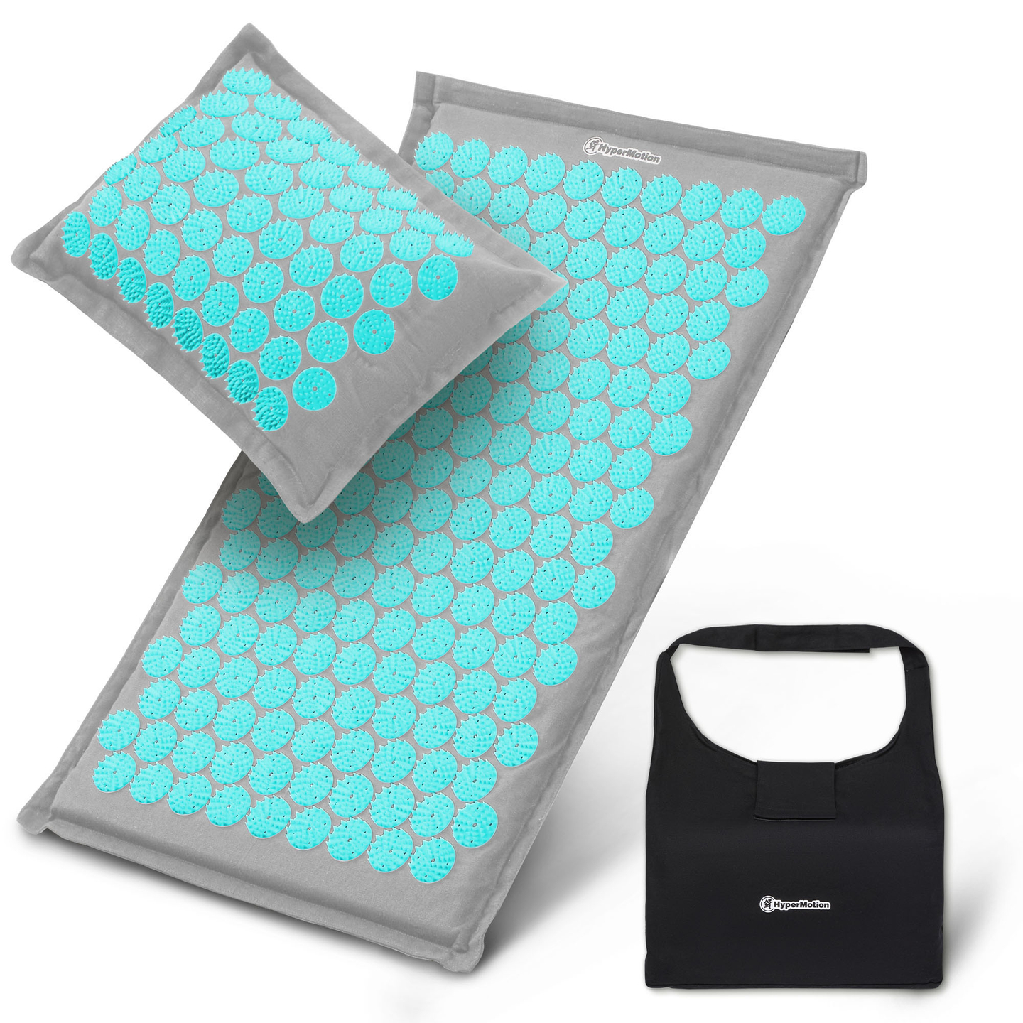 Öko vászon akupresszúrás szőnyeg kókuszrosttal és hajdinapárnával – 68 cm HyperMotion szürke-menta