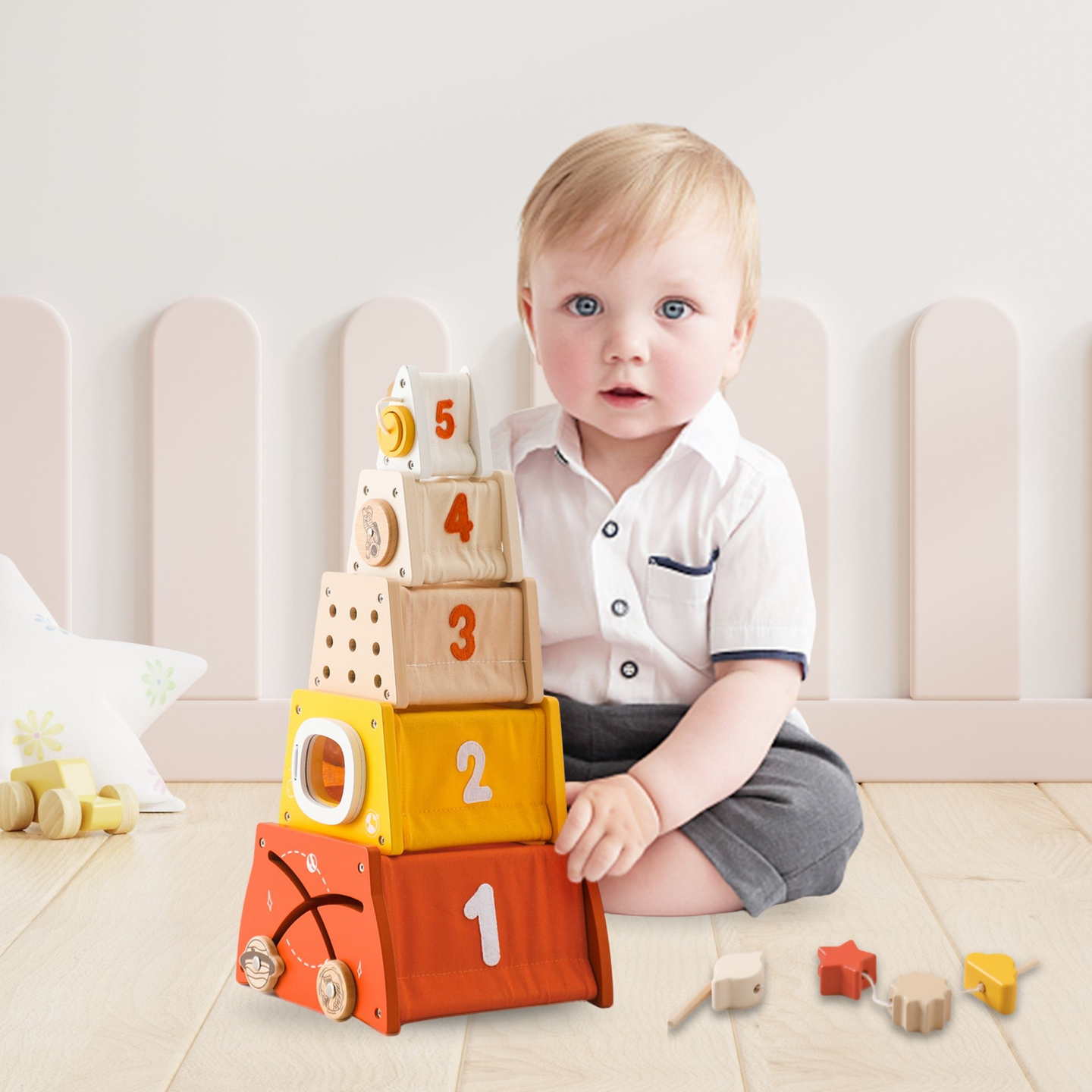 Montessori oktatási fa piramis - formaszortírozó, labirintus, számok