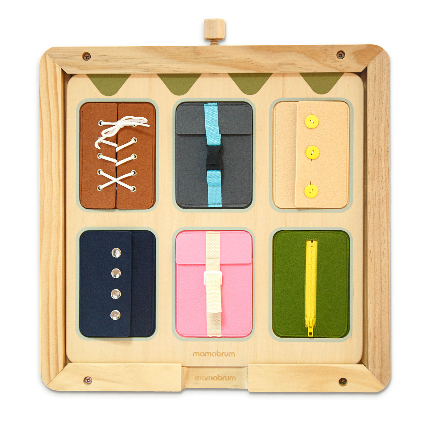 Montessori fa manipulatív tábla – Szenzoros önállóság tanulás - fűzők, csatok, gombok, patentkapcsok, cipzár