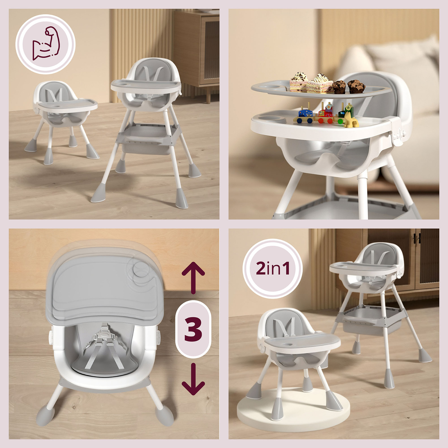 Moby-System Magnolia 2 az 1-ben állítható etetőszék - szürke