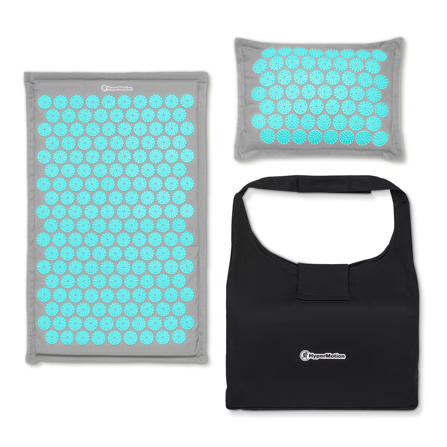 Öko vászon akupresszúrás szőnyeg kókuszrosttal és hajdinapárnával – 68 cm HyperMotion szürke-menta