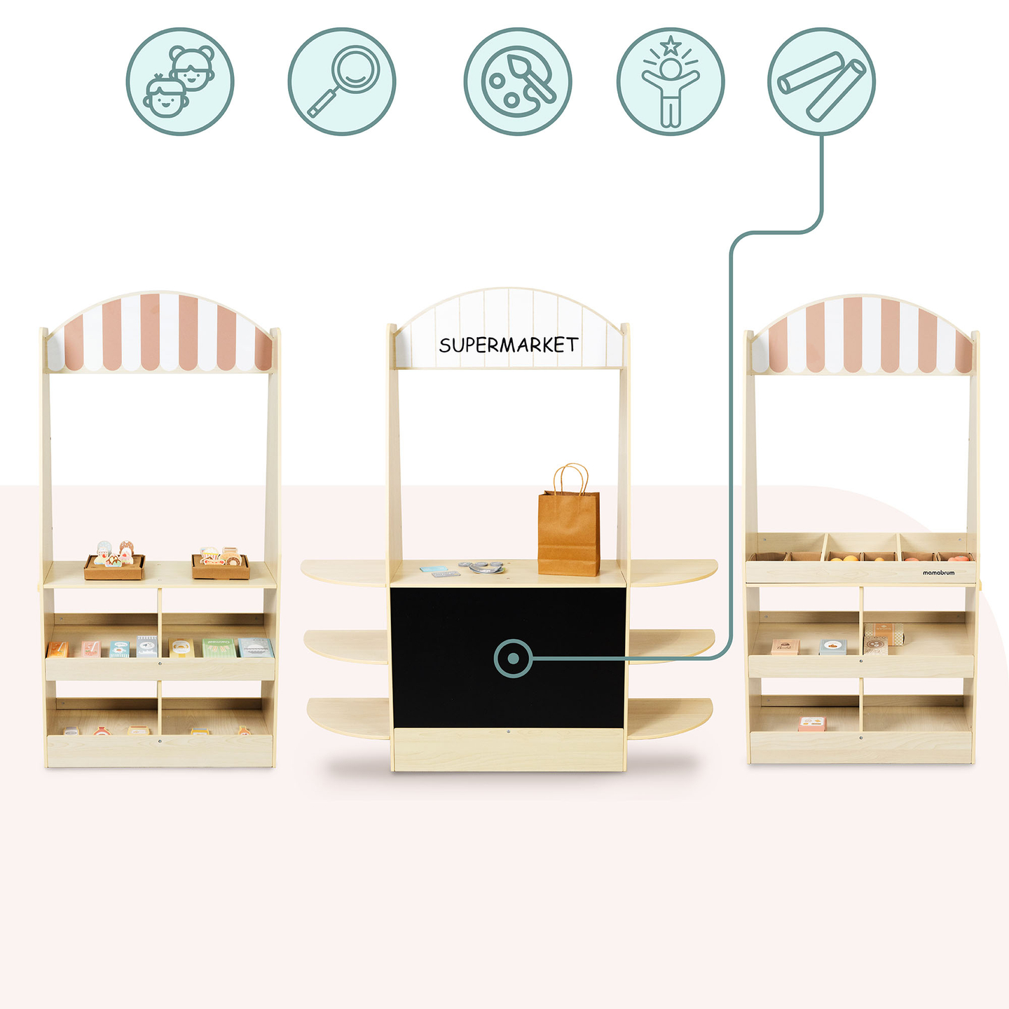 Nagy, fából készült gyermekbolt táblával - 91 darab a vásárlás örömére!