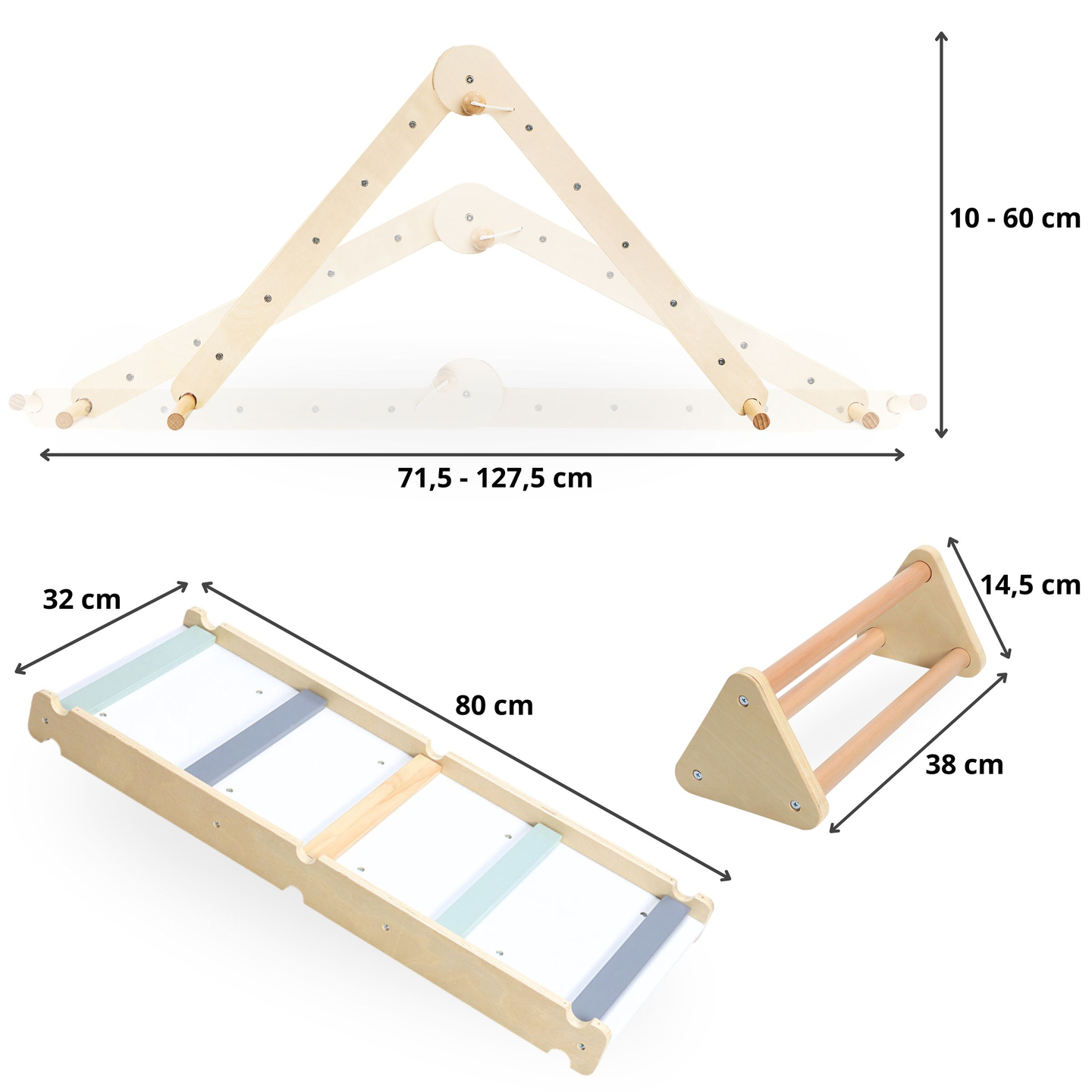 Fából készült, házi készítésű játszótér - létra + mászófal + egyensúlyozó gerenda - Pikler-háromszög