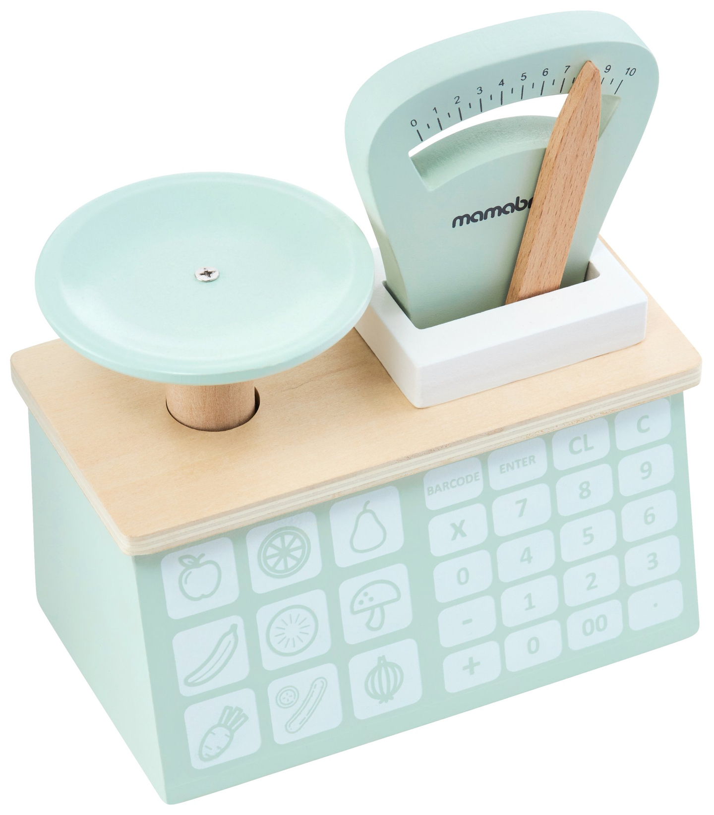 Nagy fa üzlet - bódé és színház 2 az 1-ben, mérleggel, fizetési terminállal, gyümölcsökkel és zöldségekkel