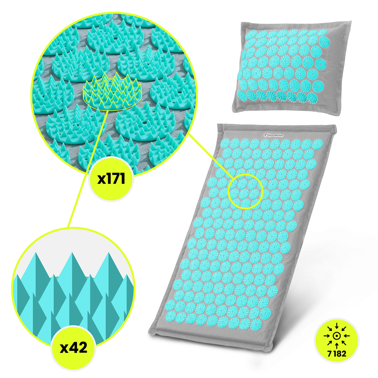 Öko vászon akupresszúrás szőnyeg kókuszrosttal és hajdinapárnával – 68 cm HyperMotion szürke-menta