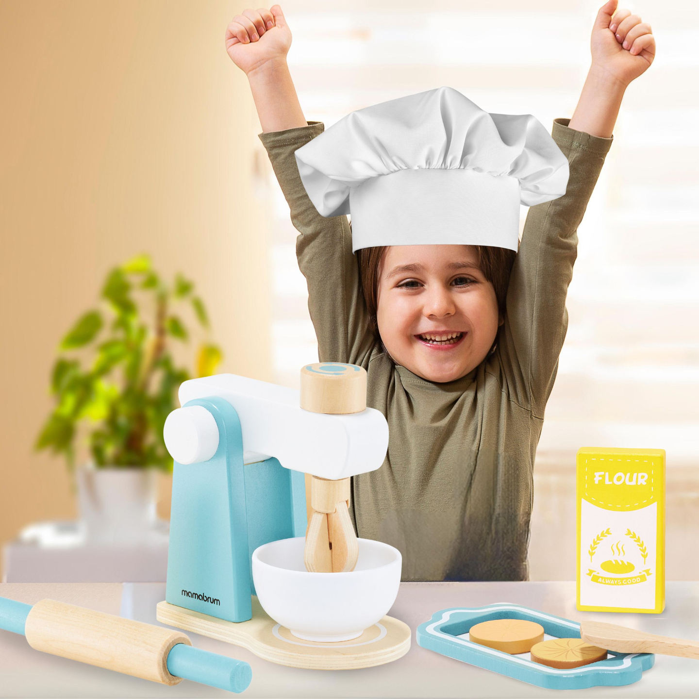 Fából készült keverőgép tartozékokkal