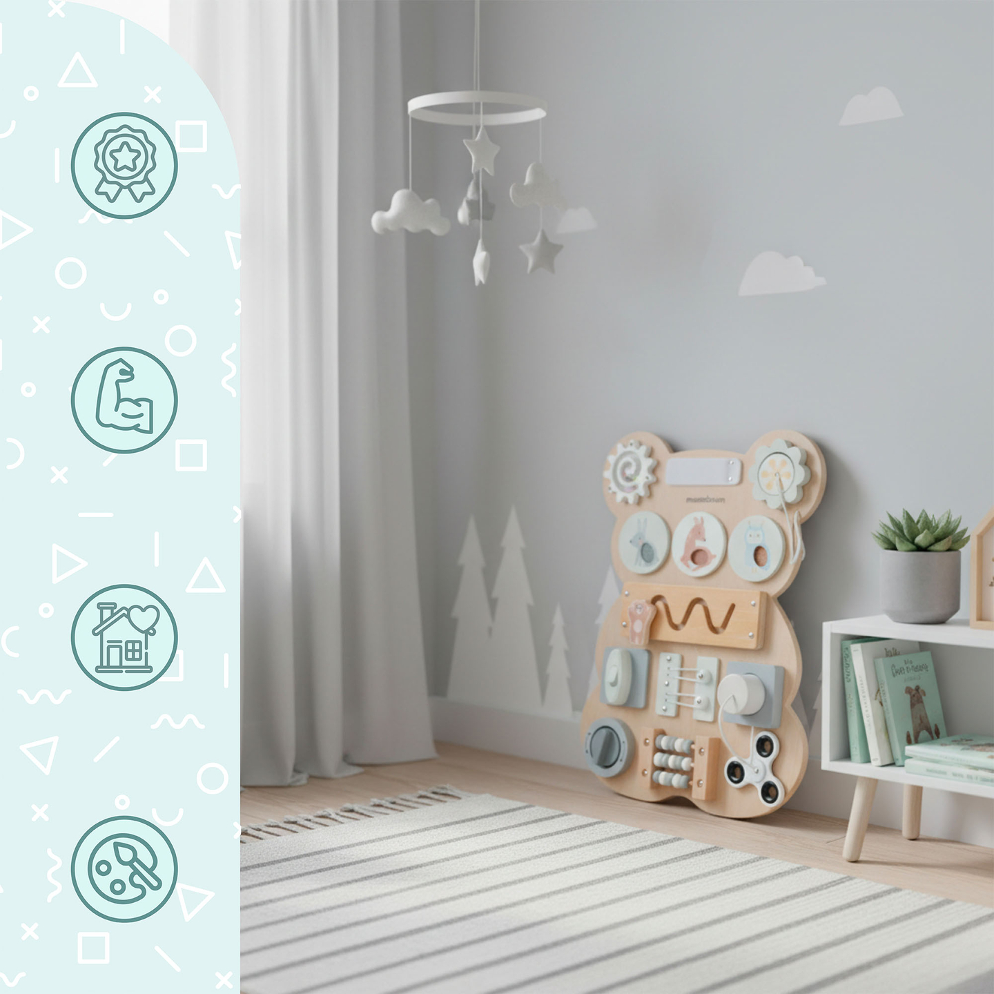 Montessori fa plüssmackó manipulatív tábla - szenzoros önállóság tanulás: tépőzár, dugó, labirintus, kattintógomb