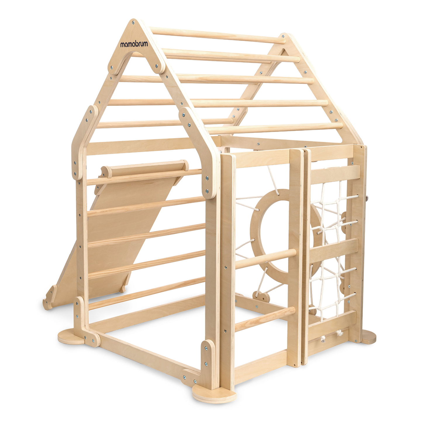 Fedett játszótér gyerekeknek - egy ház létrákkal és csúszdával