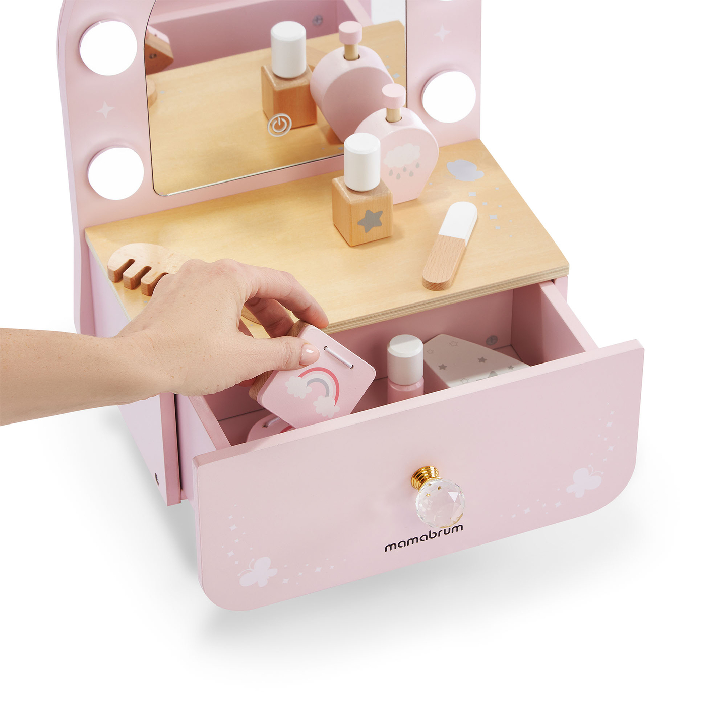 Fa mini fésülködőasztal gyerekeknek kiegészítőkkel és LED világítással, fokozatmentes fényerő-szabályozással