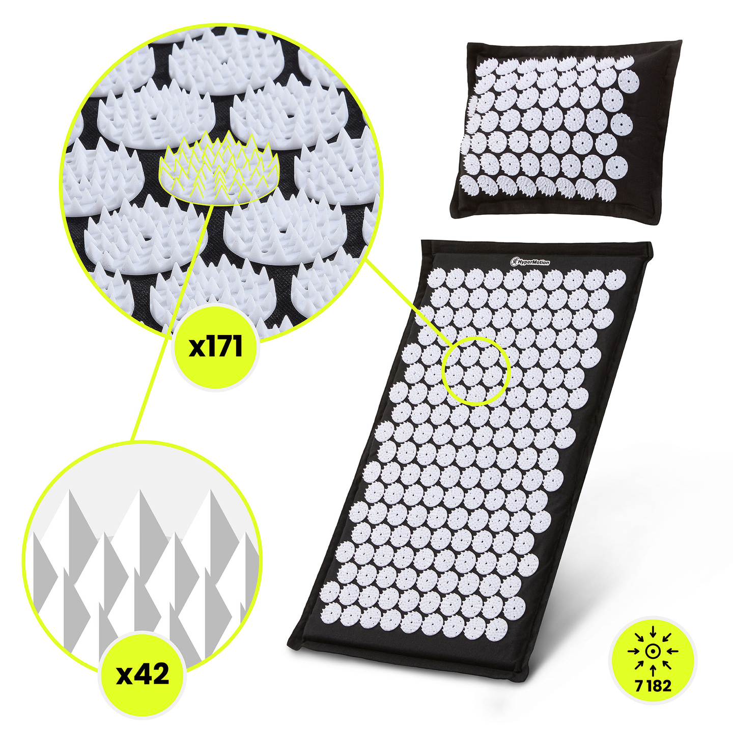 Öko vászon akupresszúrás szőnyeg kókuszrosttal és hajdinapárnával – 68 cm HyperMotion fekete-fehér