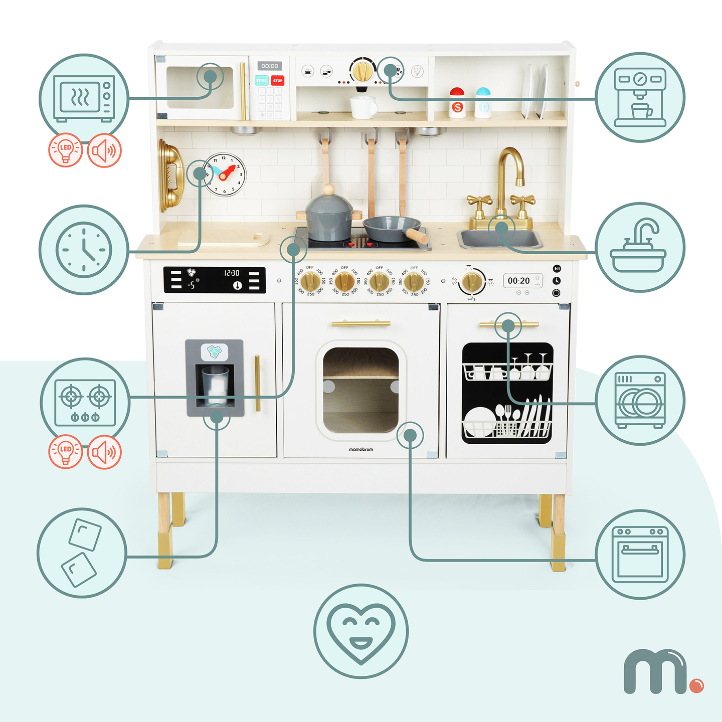 Interaktív XXL fa konyha kiegészítőkkel és LED világítással - kétszintes