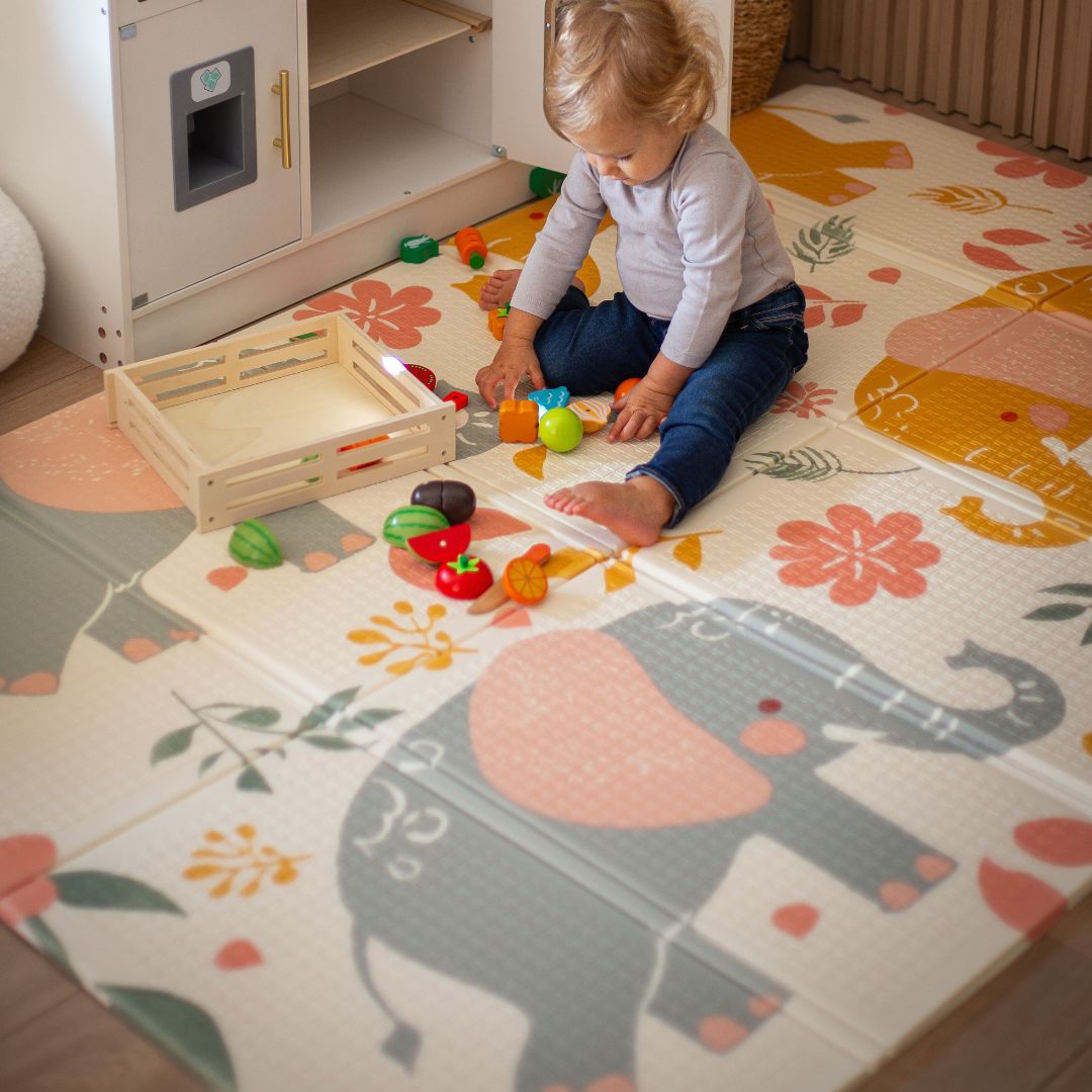 Kétoldalas összecsukható habszivacs szőnyeg 180 x 120 x 1cm - Egzotikus elefántok/finom szürke