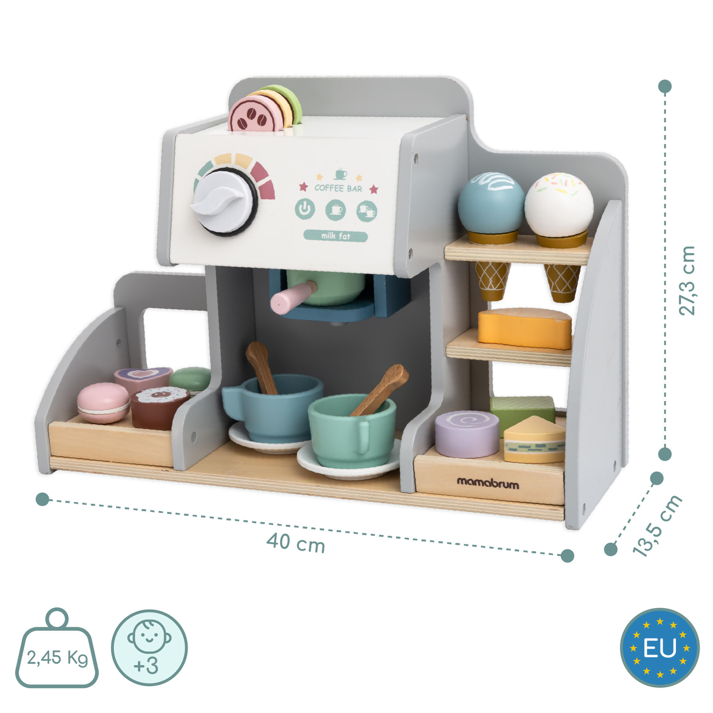 Nagyméretű, fából készült fagylaltozó mágneses táblával, kávéfőzővel, fagylalt- és desszertkészlettel - több mint 70 darab!