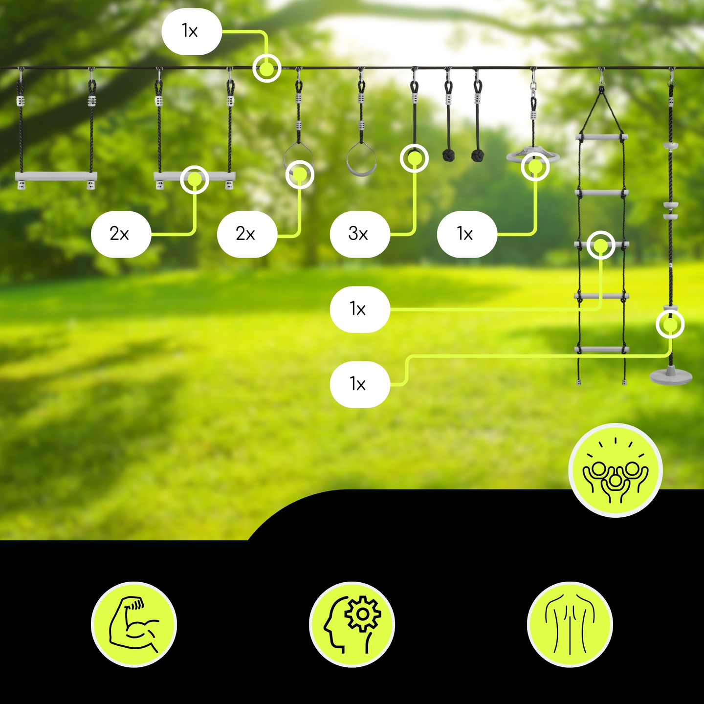 Ninja akadálypálya gyerekeknek - HyperMotion slackline szett - 10 akadály