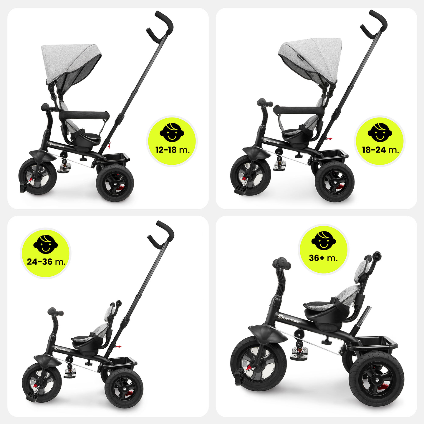 Háromkerekű gyerekeknek 1-4 éves korig - TOBI FREY - szürke színű - forgatható - pumpás kerekek + tolóerő