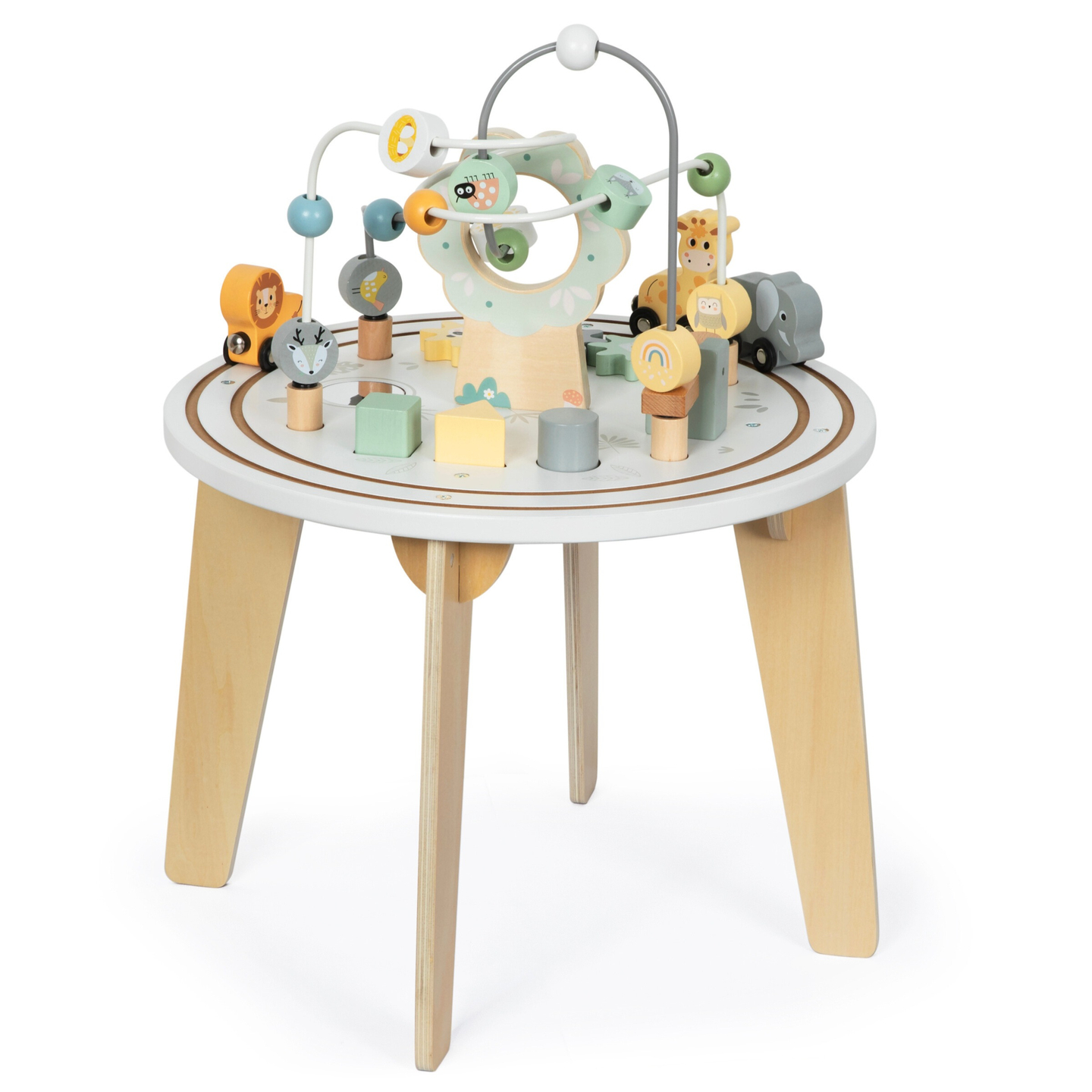 Fából készült kerek oktatóasztal mágnesvonattal és gyöngyvetővel