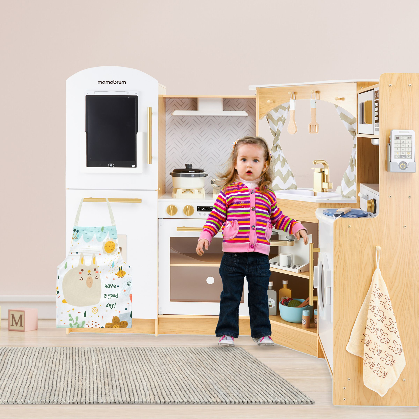 XXXXL nagy, fából készült interaktív konyha LED világítással, mosógép mikrohullámú kávéfőzővel, zöldség- és gyümölcskészlettel - 50 elemmel