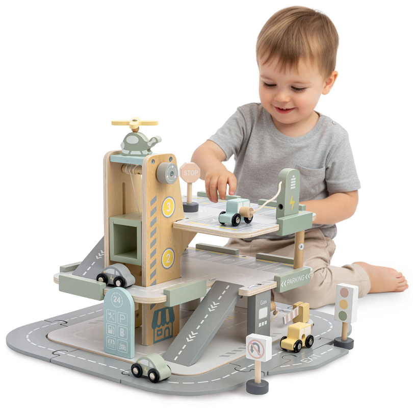 Fából készült, háromszintes garázs gyerekeknek kiegészítőkkel – parkoló, benzinkút, autómosó, helikopter