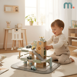 Fából készült, háromszintes garázs gyerekeknek kiegészítőkkel – parkoló, benzinkút, autómosó, helikopter