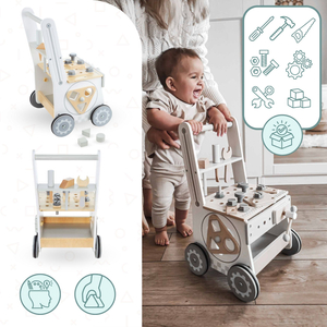 3 az 1-ben fa járókeret, tolókocsi + műhely - 47 elem