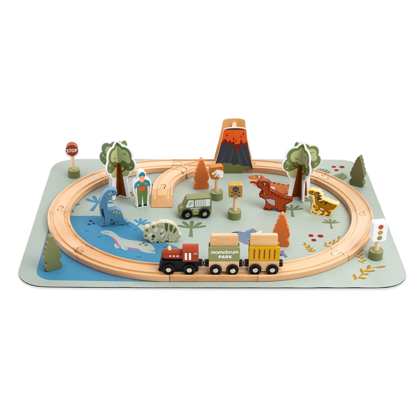 Dino Park fa vonat csúszásgátló szőnyeggel - dinoszauruszok, vonat, sínek, vulkán, harang