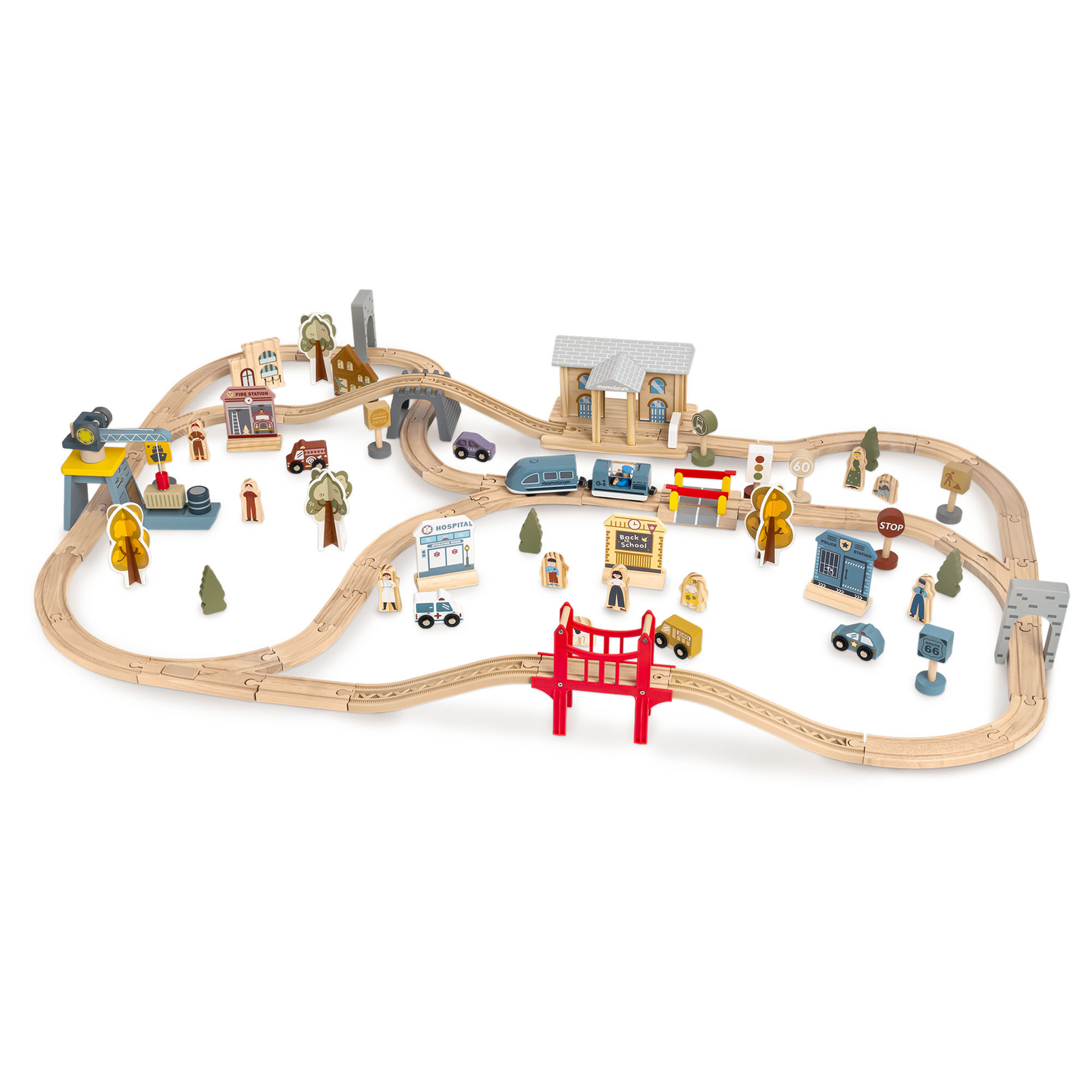 Fából készült városi vasút elektromos vonattal - mozgó daru, hajó, hidak