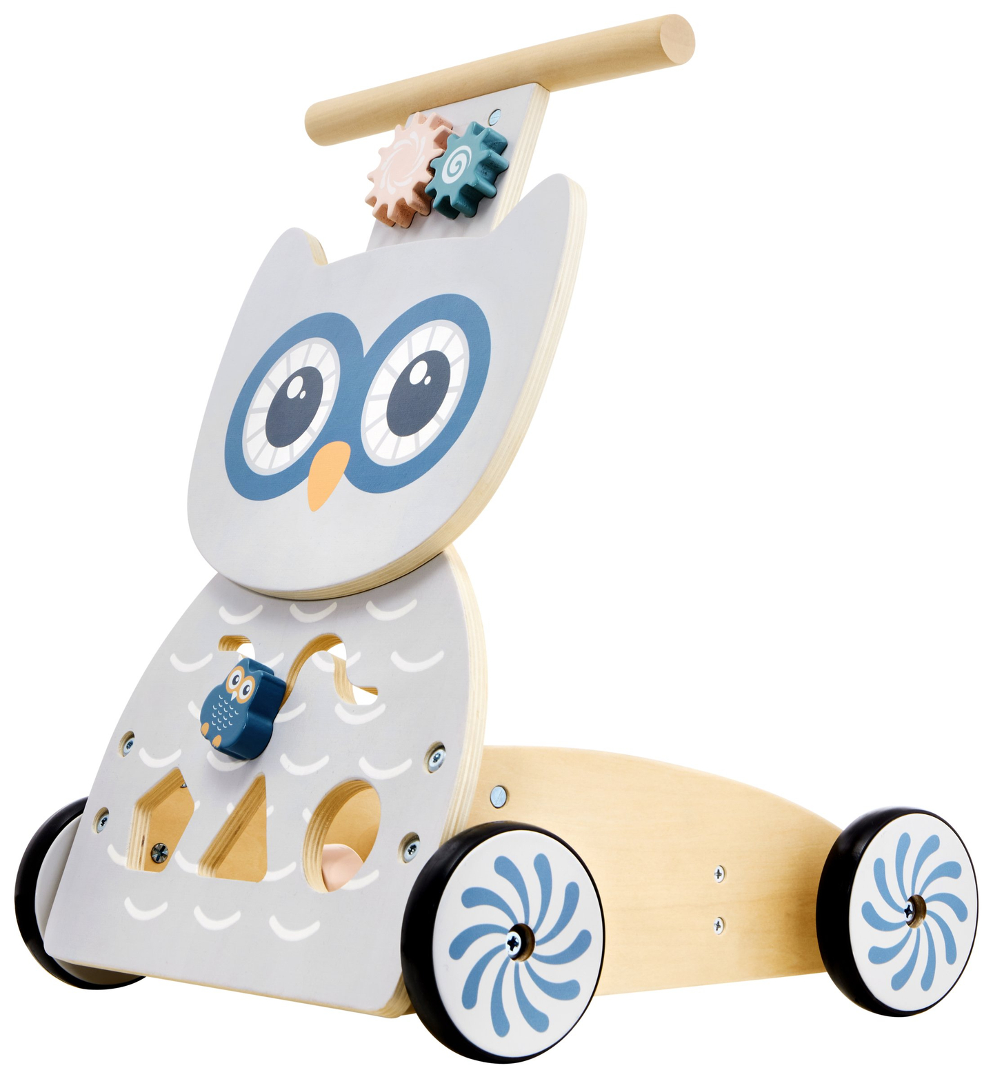 Fából készült multifunkciós járókeret - tolókocsi - babakocsi blokkokkal - Bagoly