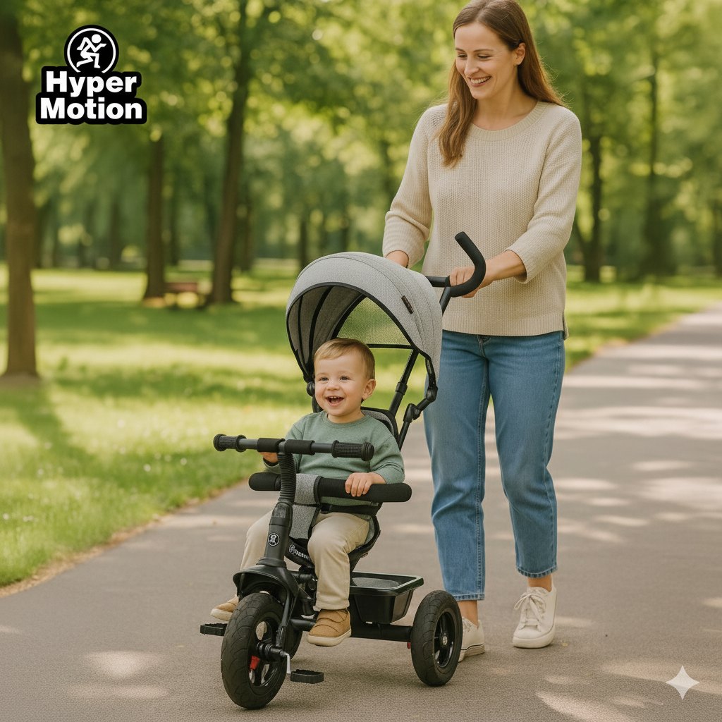 Háromkerekű gyerekeknek 1-4 éves korig - TOBI FREY - szürke színű - forgatható - pumpás kerekek + tolóerő