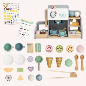 Nagyméretű, fából készült fagylaltozó mágneses táblával, kávéfőzővel, fagylalt- és desszertkészlettel - több mint 70 darab!