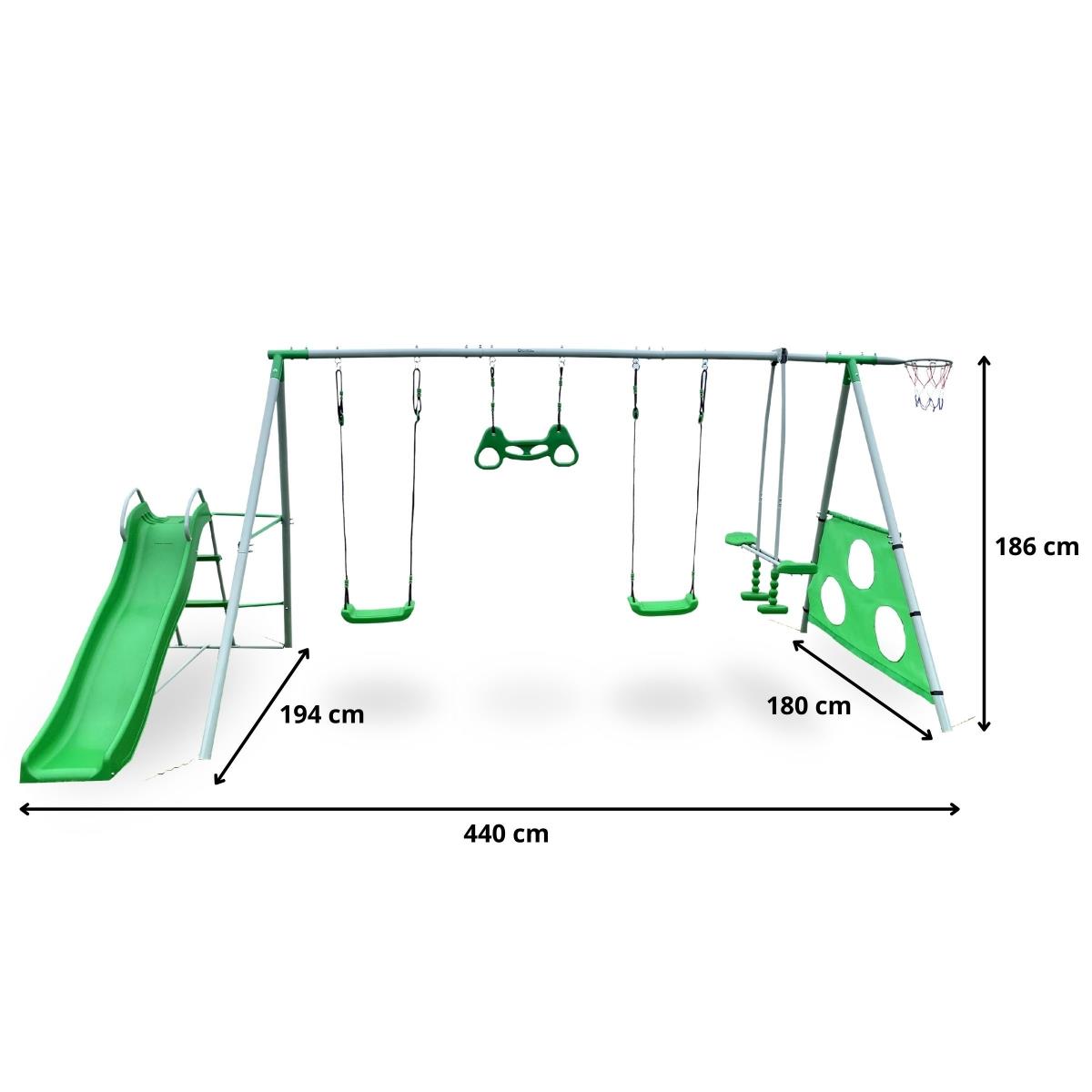 XXXL kerti játszótér gyerekeknek hintával, csúszdával, tornatrapézzel, kosárlabdával és focikapuval