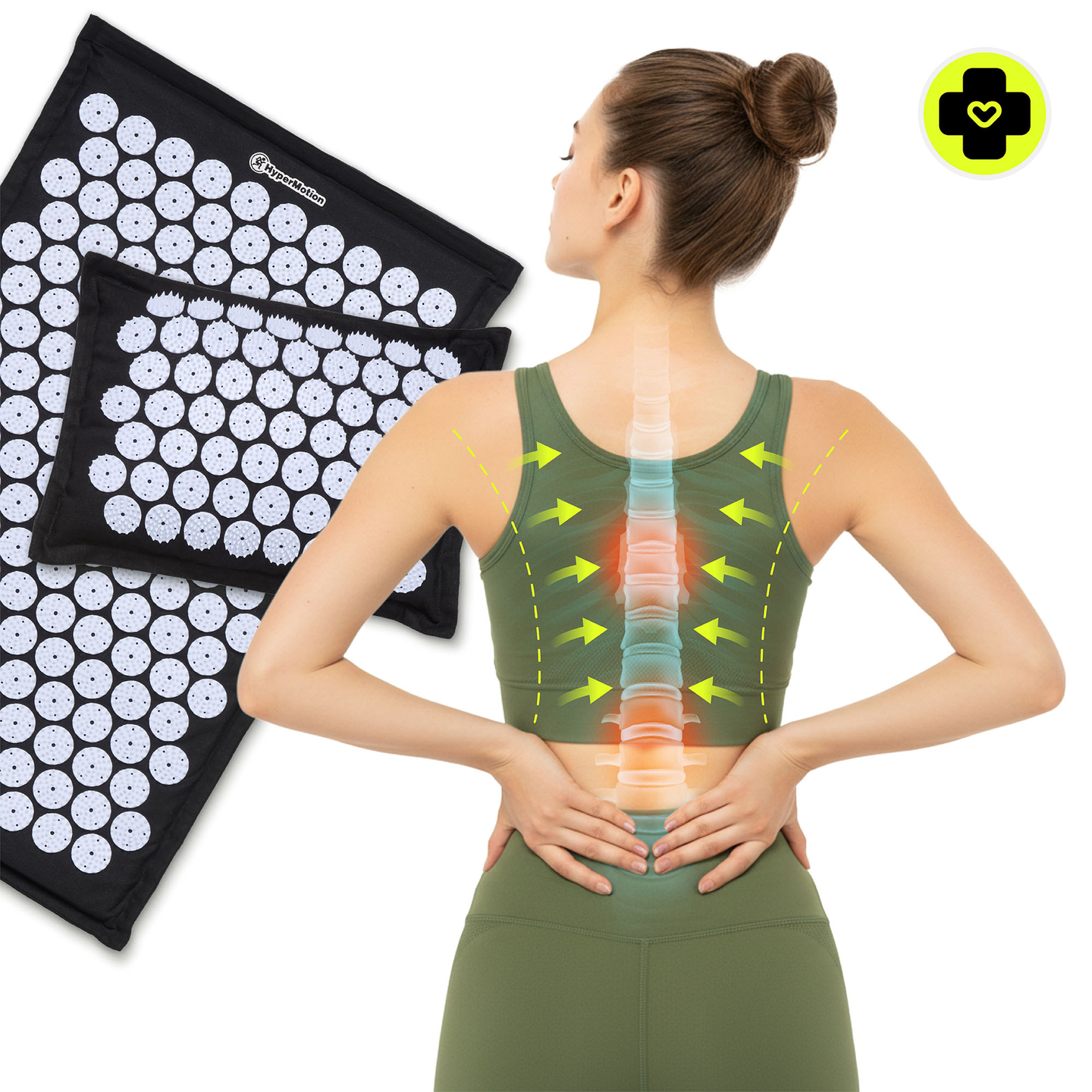 Öko vászon akupresszúrás szőnyeg kókuszrosttal és hajdinapárnával – 68 cm HyperMotion fekete-fehér