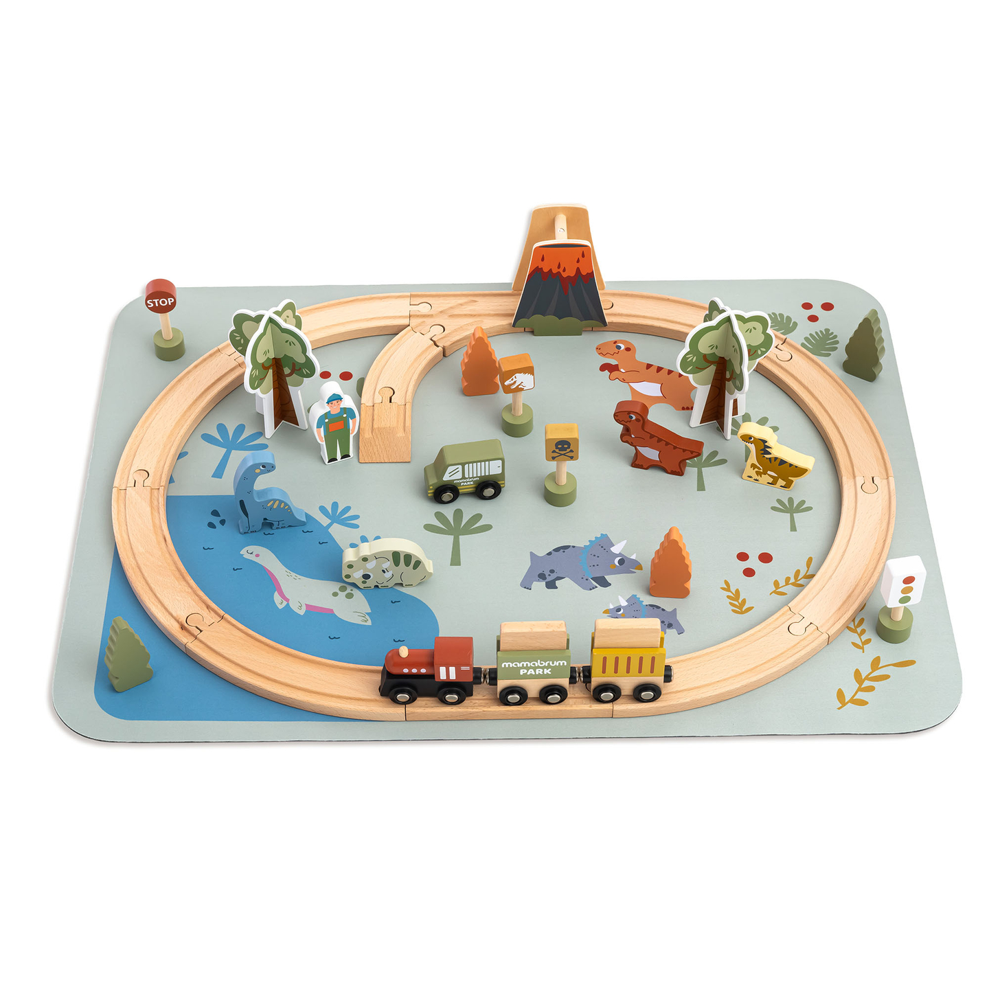 Dino Park fa vonat csúszásgátló szőnyeggel - dinoszauruszok, vonat, sínek, vulkán, harang