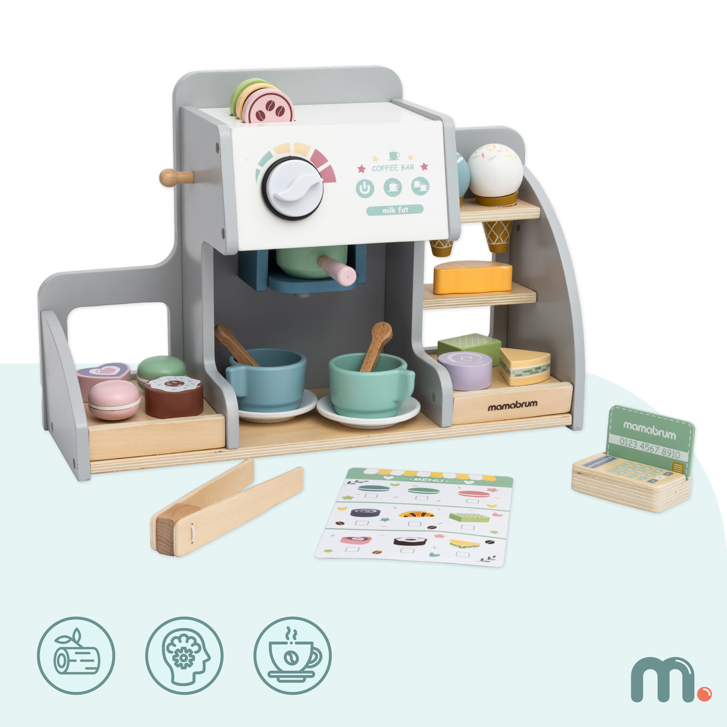 Nagyméretű, fából készült fagylaltozó mágneses táblával, kávéfőzővel, fagylalt- és desszertkészlettel - több mint 70 darab!