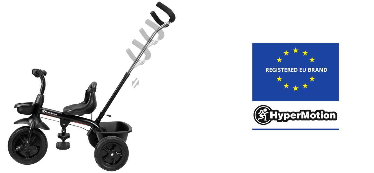 HyperMotion TOBI VECTOR háromkerekű - örökké tartó felfújható kerekek + tolórúd. Szín: fekete.