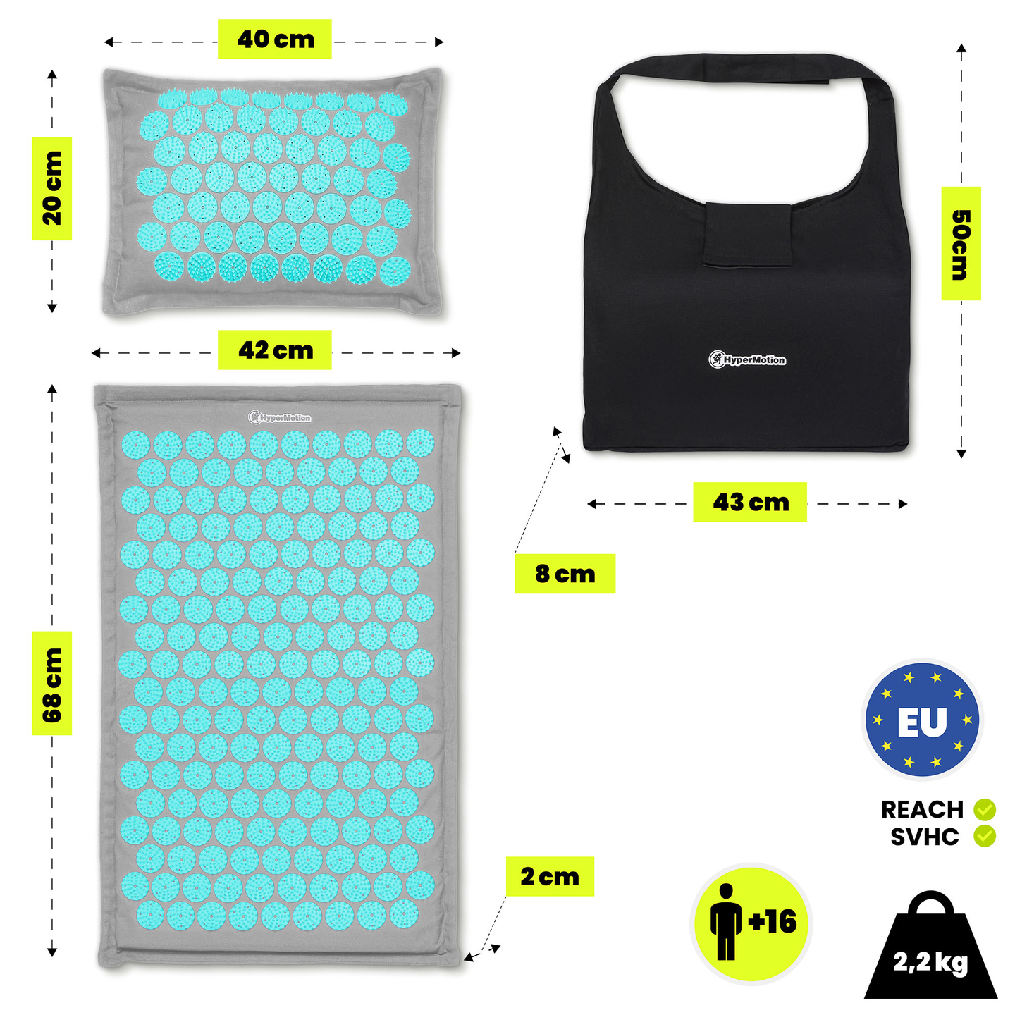 Öko vászon akupresszúrás szőnyeg kókuszrosttal és hajdinapárnával – 68 cm HyperMotion szürke-menta