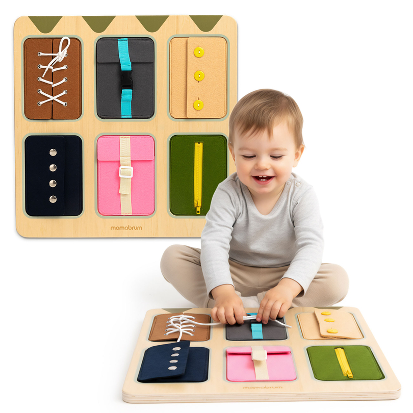 Montessori fa manipulatív tábla – Szenzoros önállóság tanulás - fűzők, csatok, gombok, patentkapcsok, cipzár
