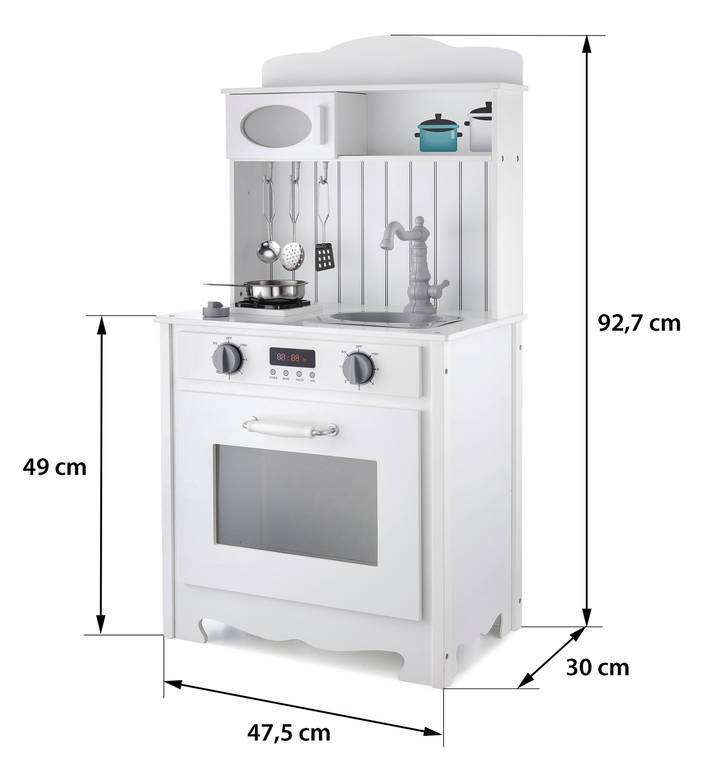 Fehér fa konyha köténnyel, kiegészítőkkel és LED lámpával