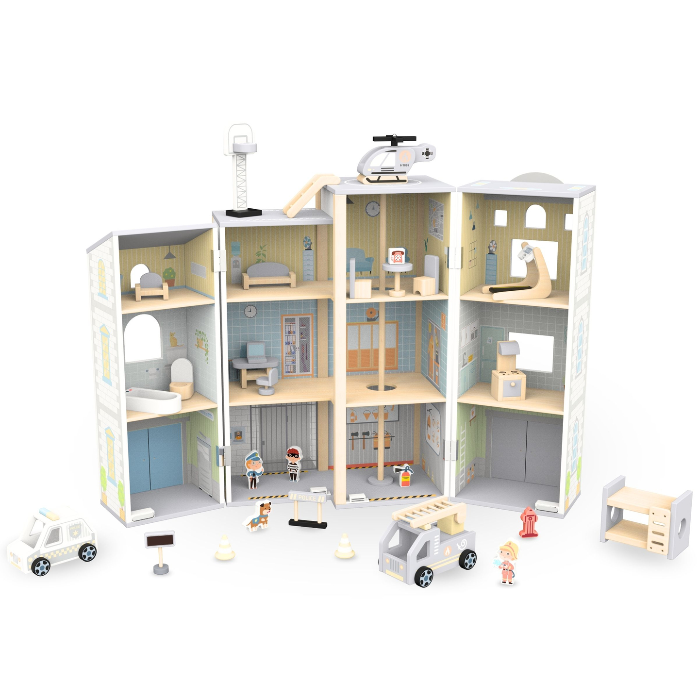 Nagy összecsukható tűzoltóállomás rendőrőrssel - fából készült készlet. Tűzoltóállomás és rendőrőrs tartozékokkal.