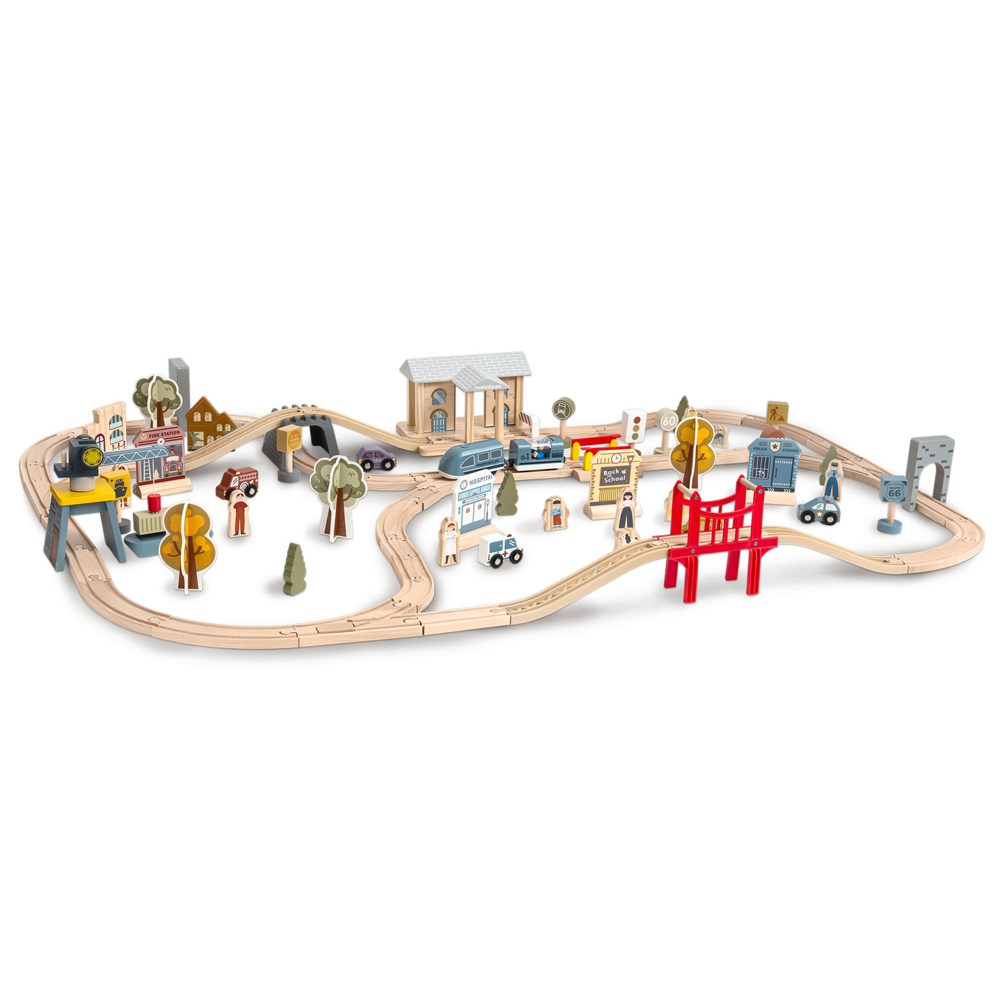 Fából készült városi vasút elektromos vonattal - mozgó daru, hajó, hidak